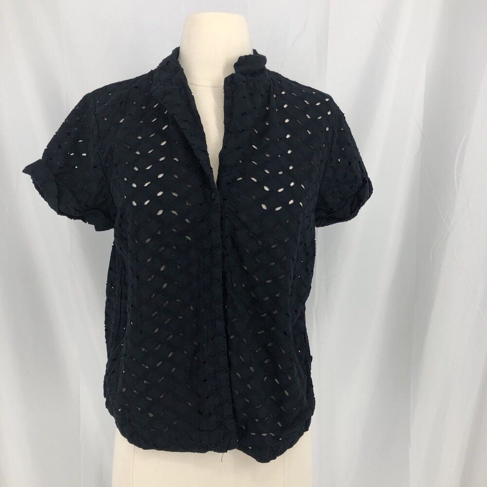 Banana Republic Blouse Women's Medium Black Eyelet Button Up Short Sleeve